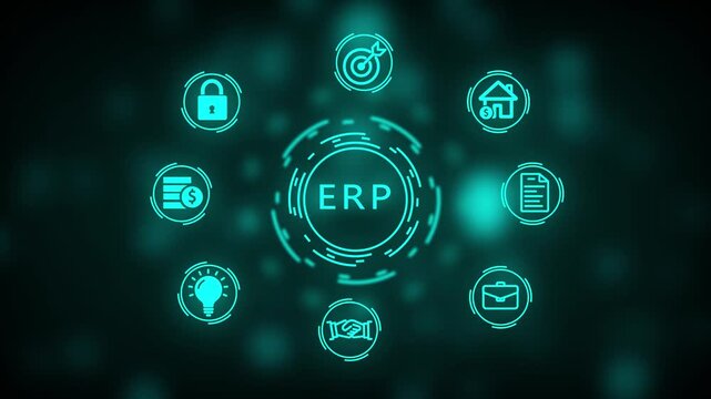 Futuristic digital interface displaying glowing teal neon of business concepts like handshake, lightbulb, money, house, document, and briefcase arranged in a circular pattern around a central