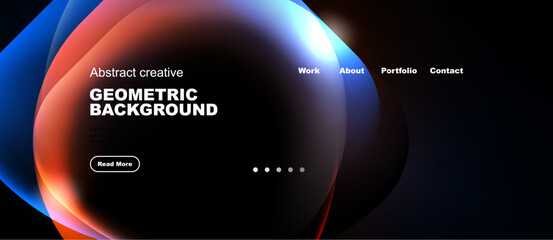 Naklejka premium Abstract design features fluid shapes, vibrant colors, dark background. Text includes geometric background, navigation options, button.