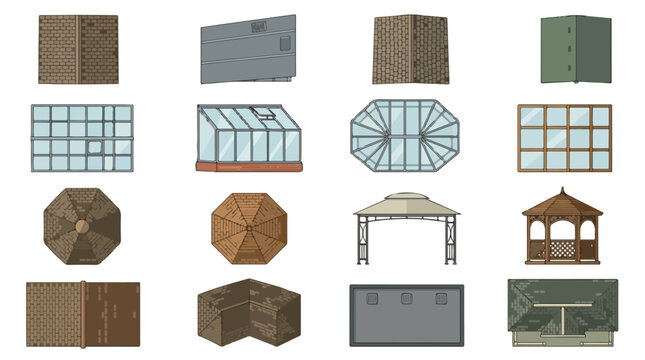 Architectural roof types and outdoor structures set, 16 vector icons of house roofing, gazebos, and greenhouse glass panels for construction planning
