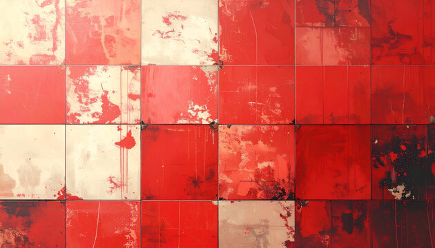Abstract checkerboard pattern of weathered red and cream squares creating a rustic textured surface perfect for backgrounds and design elements