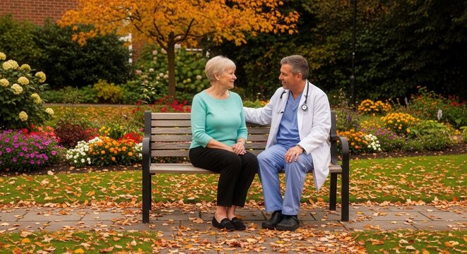 Caring Doctor Consults with Senior Patient on Park Bench During Autumn