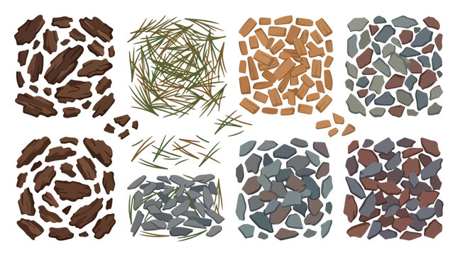 Natural garden mulch textures set, organic wood chips and pine needles vector, decorative landscaping stones and gravel ground cover elements