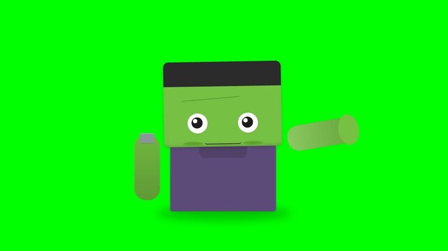 Funny Green Monster Character Waving Hello Animation on Green Screen.