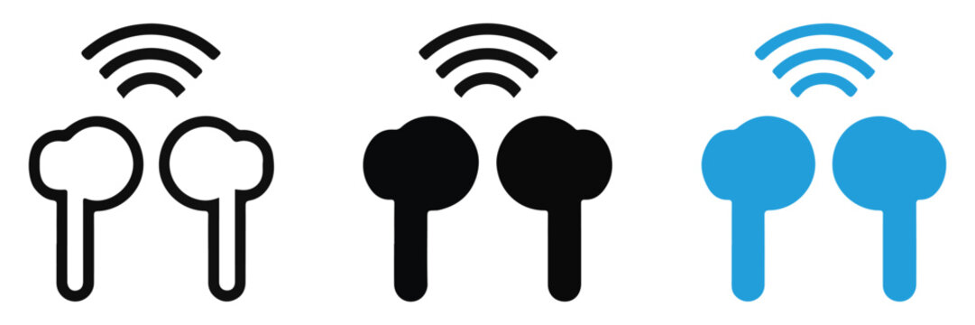 Wireless earbuds icons set. earphone symbols with wifi signal in different styles.