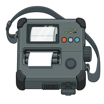 A person uses a portable device with a screen and printer outdoors.