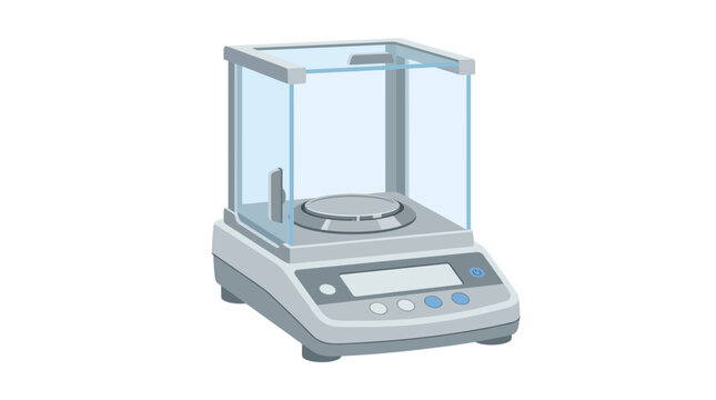 A laboratory scale is placed on a table indoors with a glass cover.