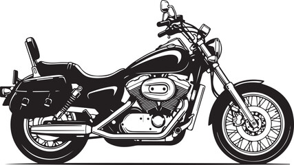 Classic black cruiser motorcycle in side view with leather saddlebags emphasizing freedom travel adventure on open road. © MstBeauty