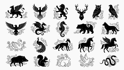 Fototapeta premium Heraldic Animal Silhouette Collection Featuring Eagle, Lion, Deer, Dragon, Wolf and Mythical Creatures Vector Set