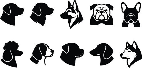 Set of black dog head silhouettes of various breeds in profile and front view. © jim's Cafe
