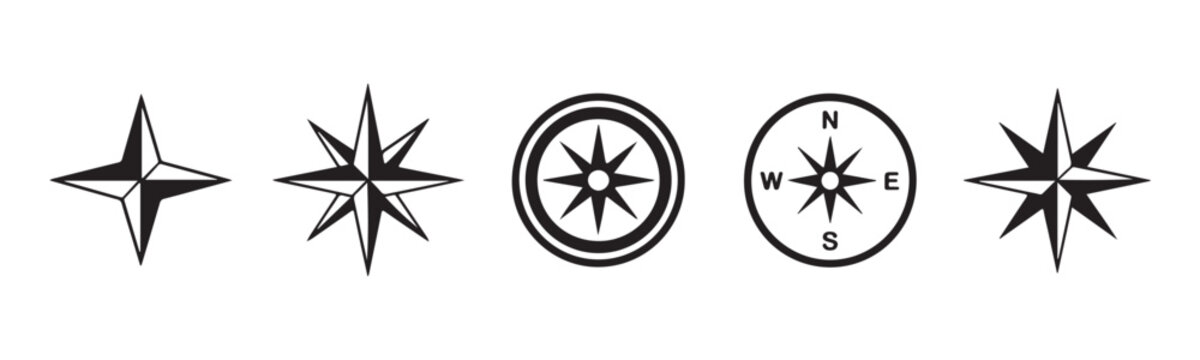 Compass rose collection with nautical wind rose icons isolated on transparent background for travel.