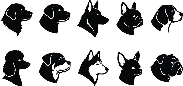 Detailed dog head silhouettes collection featuring different breeds in three quarter view.