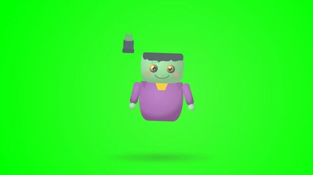 Cute 3D Frankenstein Monster Character Animation on Green Screen Background.