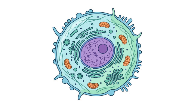 The cell illustration shows organelles inside a biological cell structure closely.