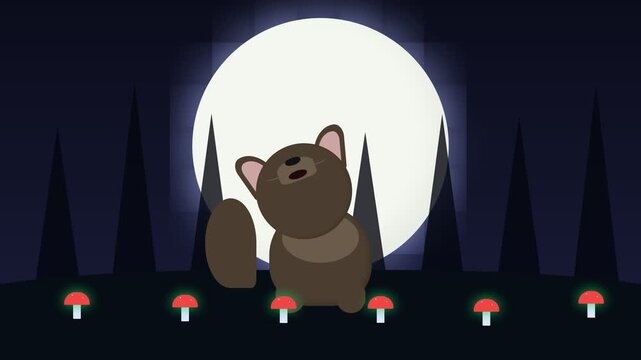 Cute Cartoon Wolf Howling at the Full Moon in a Dark Forest.