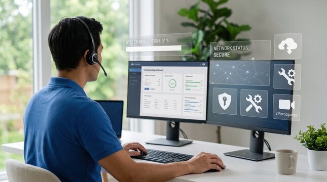 IT support specialist working remotely with headset, managing network status and system resolution on dual monitors