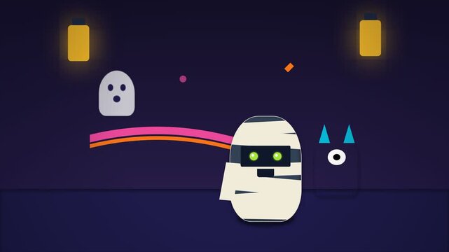 Animated Mummy Character Interacting with a Ghost in a Playful Digital Environment.
