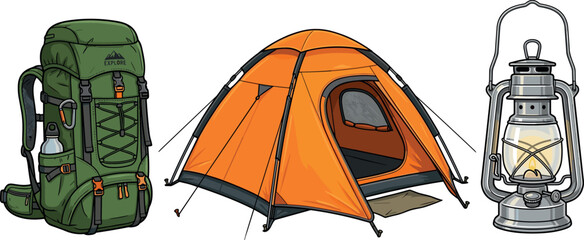 Outdoor Camping Equipment Vector Illustration Set Featuring Green Hiking Rucksack Backpack Orange Dome Tent Shelter and Vintage Kerosene Lantern Lamp © EdGe Creative