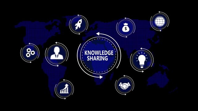Global Knowledge Sharing Network Connecting Business Icons and World Map on Dark Background connection