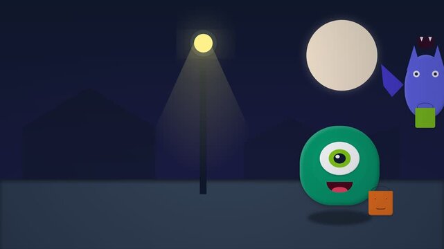 Animated Cartoon Monster and Owl Character Interaction in Nighttime Setting.