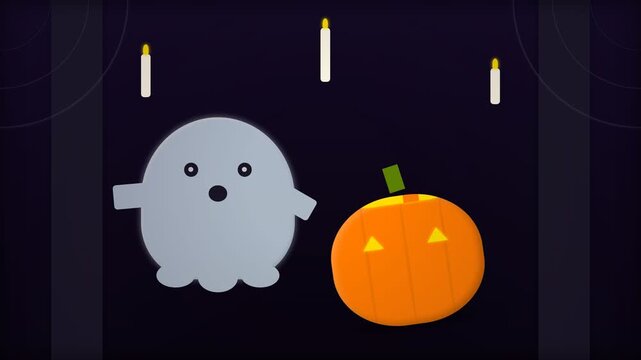 Animated Halloween ghost and jack o lantern pumpkin with floating candles on dark background.