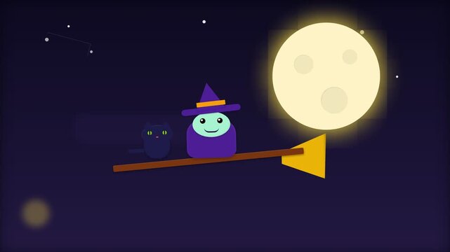 Animated Halloween Witch Flying on a Broomstick with a Black Cat Under the Full Moon.