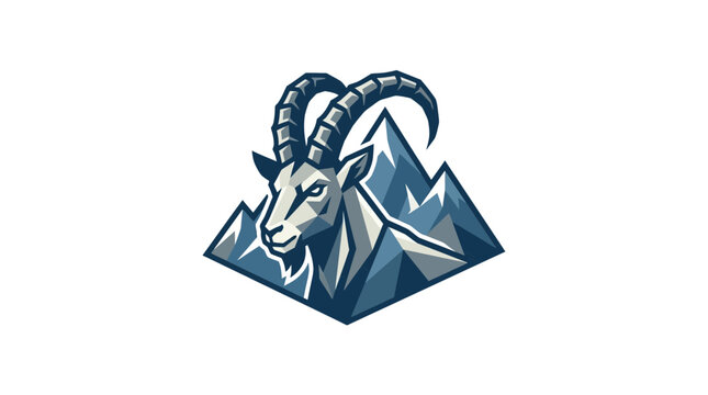 Mountain goat ram mascot logo with snowy peaks background