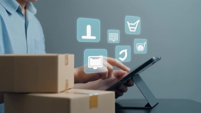 人物の指先がタブレット上の段ボール箱を配置し物流アイコンが奥行きある管理を示す