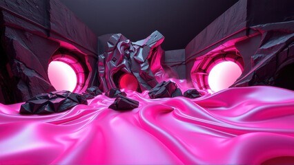 Fototapeta premium Futuristic interior. Pink liquid flows through dark geometric structures. Bright orbs illuminate scene. Dramatic lighting creates intense mood.