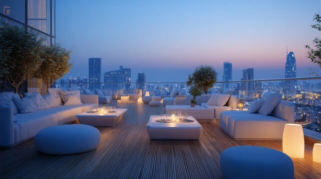 Elegant rooftop lounge with modern furniture overlooking city skyline at dusk with warm ambient lighting and stunning views