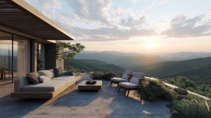 Fototapeta premium Serene Mountain View from Modern Outdoor Living Space with Comfortable Furniture at Sunset