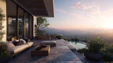 Obraz premium Tranquil Modern Villa with Expansive Views of Mountains and Serene Sunset in the Background