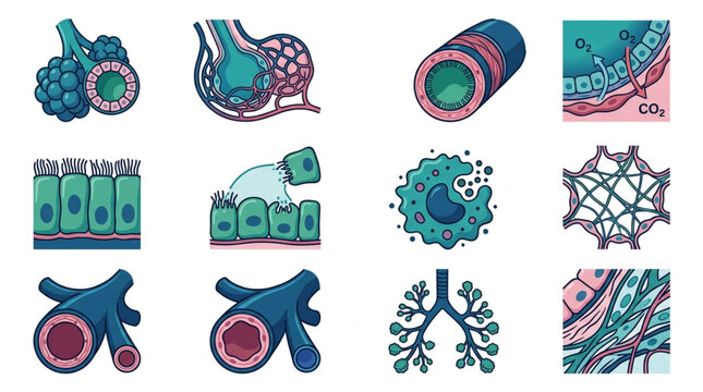 Illustration of human respiratory system anatomy and cells.