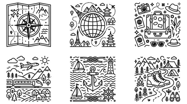 hand-drawn travel icon set with landmarks transportation and global exploration themes for maps and guides