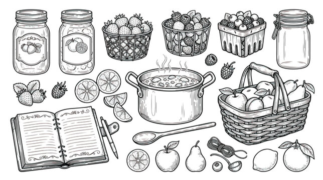 Vintage hand drawn jam making set, rustic fruit canning and kitchen preserve icons, black and white vector collection for recipe books