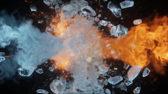 巨大な氷結晶と炎が一直線に衝突し氷片と火花と蒸気が四方へ飛び散る