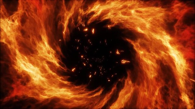 炎のブラックホールが深い黒い空洞を囲み橙と赤の流線を高速に広げる
