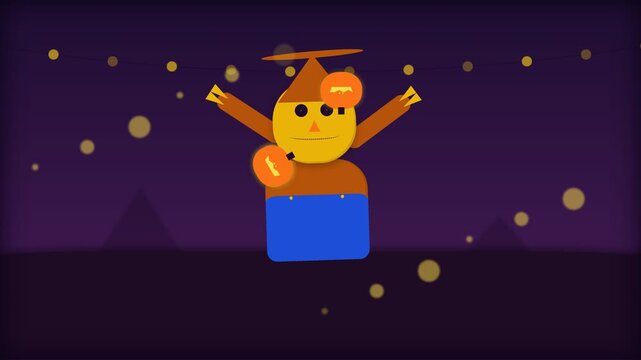 Animated Scarecrow Juggling Glowing Pumpkins in a Spooky Nighttime Setting.