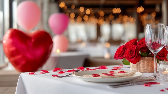 Romantic private dining setup with roses and heart balloons for special day