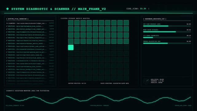 Mainframe System Diagnostic Scanner Cluster Storage Integrity Check Animation.