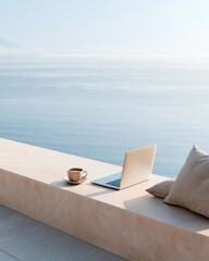 Fototapeta premium Serene coastal view with laptop and coffee. Quiet morning light bathes the scene. Minimalist bench invites calm work or reading. Perfect for remote work, meditation, or travel inspiration