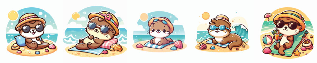 Vector of a cute cartoon otter character relaxing at the beach © FirdianKrisna