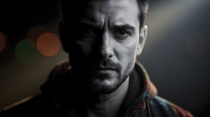 Fototapeta premium Close up portrait of a serious man with intense gaze in low light.