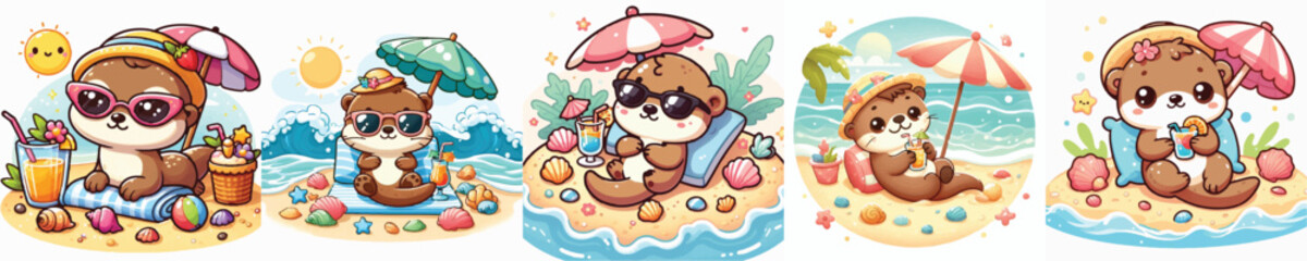 Vector of a cute cartoon otter character relaxing at the beach © FirdianKrisna