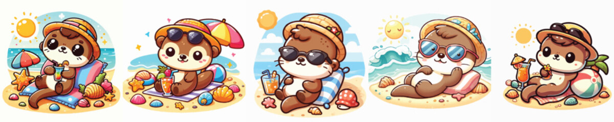 Vector of a cute cartoon otter character relaxing at the beach © FirdianKrisna