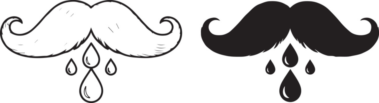 Moustache illustration with water droplets falling from hair representing grooming products or face care silhouette with classic facial hair.