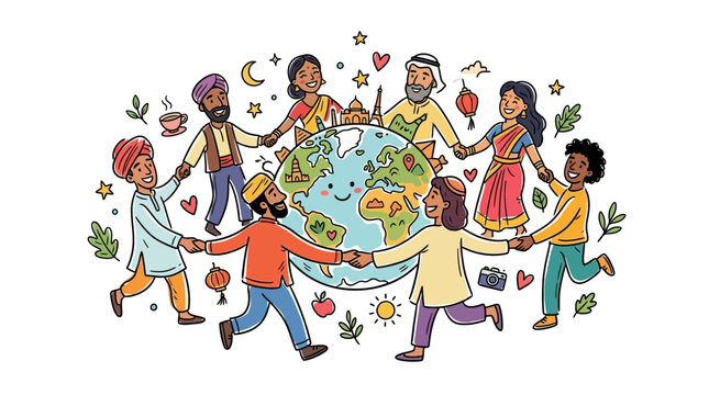 Diverse People Holding Hands Around Earth Globe, Unity and Global Friendship