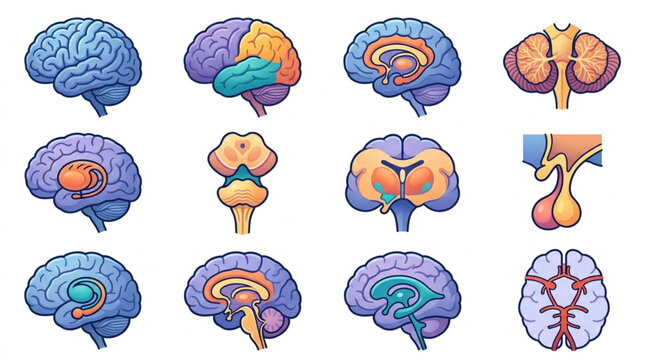 Collection of Anatomical Brain Illustrations Showing Different Views and Sections.