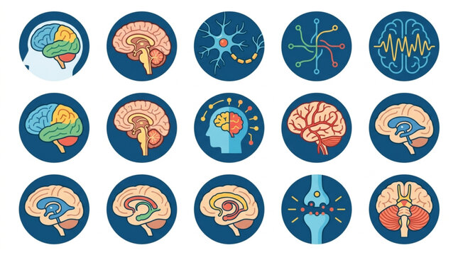 Collection of Brain Illustrations Showing Different Aspects of Neuroscience and Anatomy.