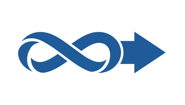Creative blue infinity symbol with a right-pointing arrow representing an endless loop and continuous direction.