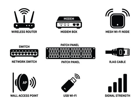 Set of black network and internet hardware icons including router modem and wifi access point